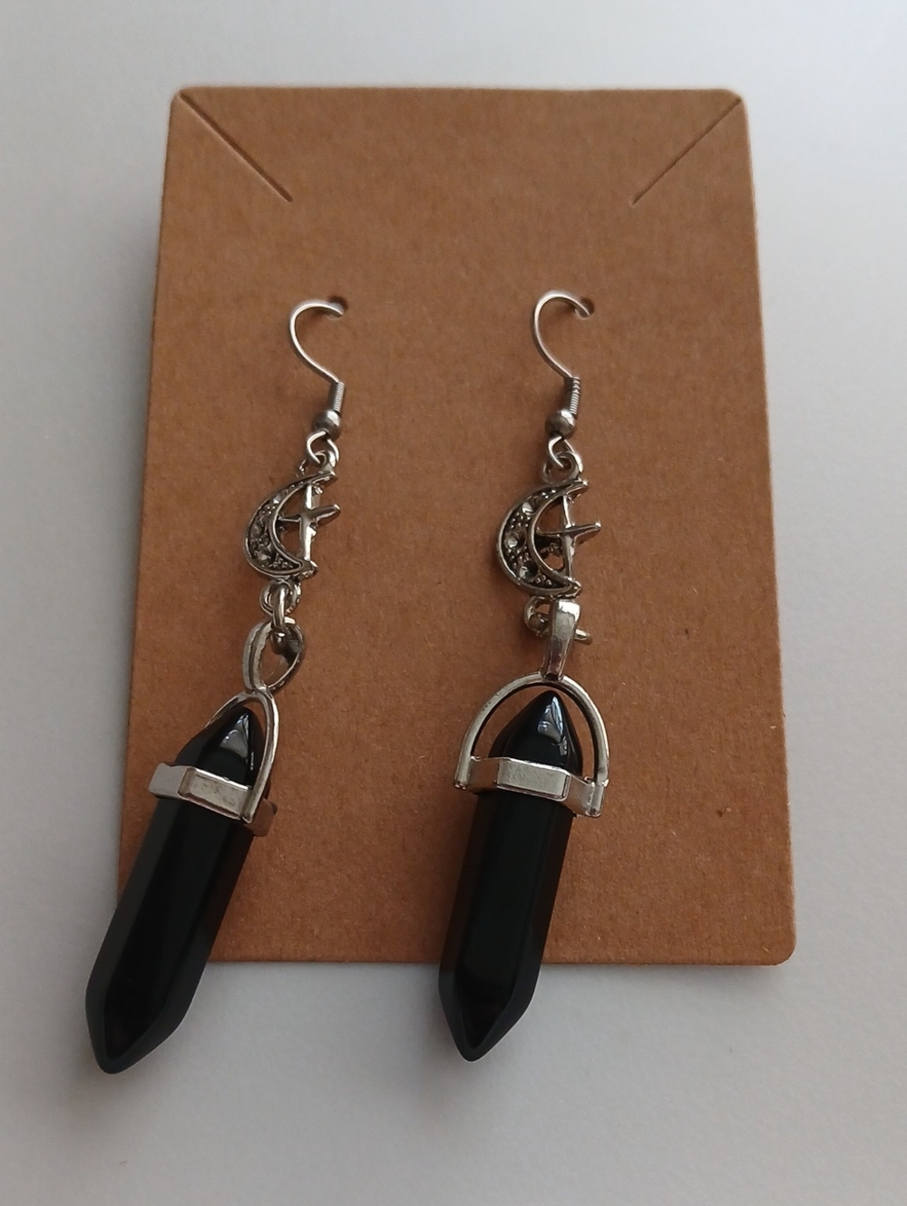 Fashion Jewelry Silver Moon Dangle Earrings with Black Stones - Women Jewelry